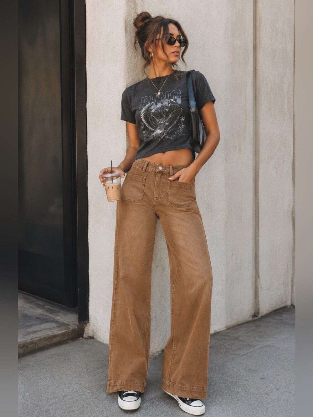 NWOT Astylish Wide Leg Patch Pocket Jeans-Brown